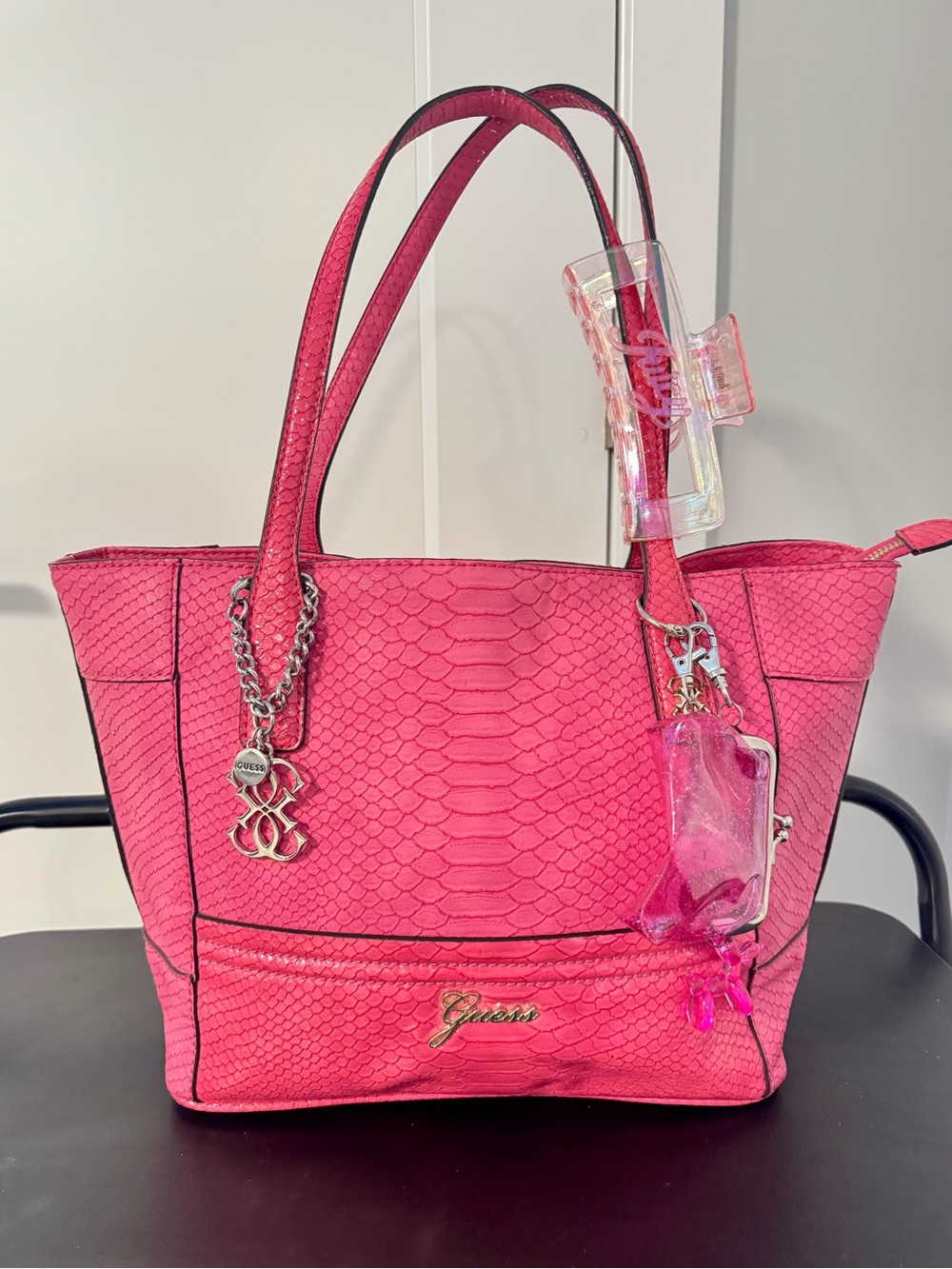 Vintage 2000s Y2K Guess Hot Pink Snakeskin Tote Bag